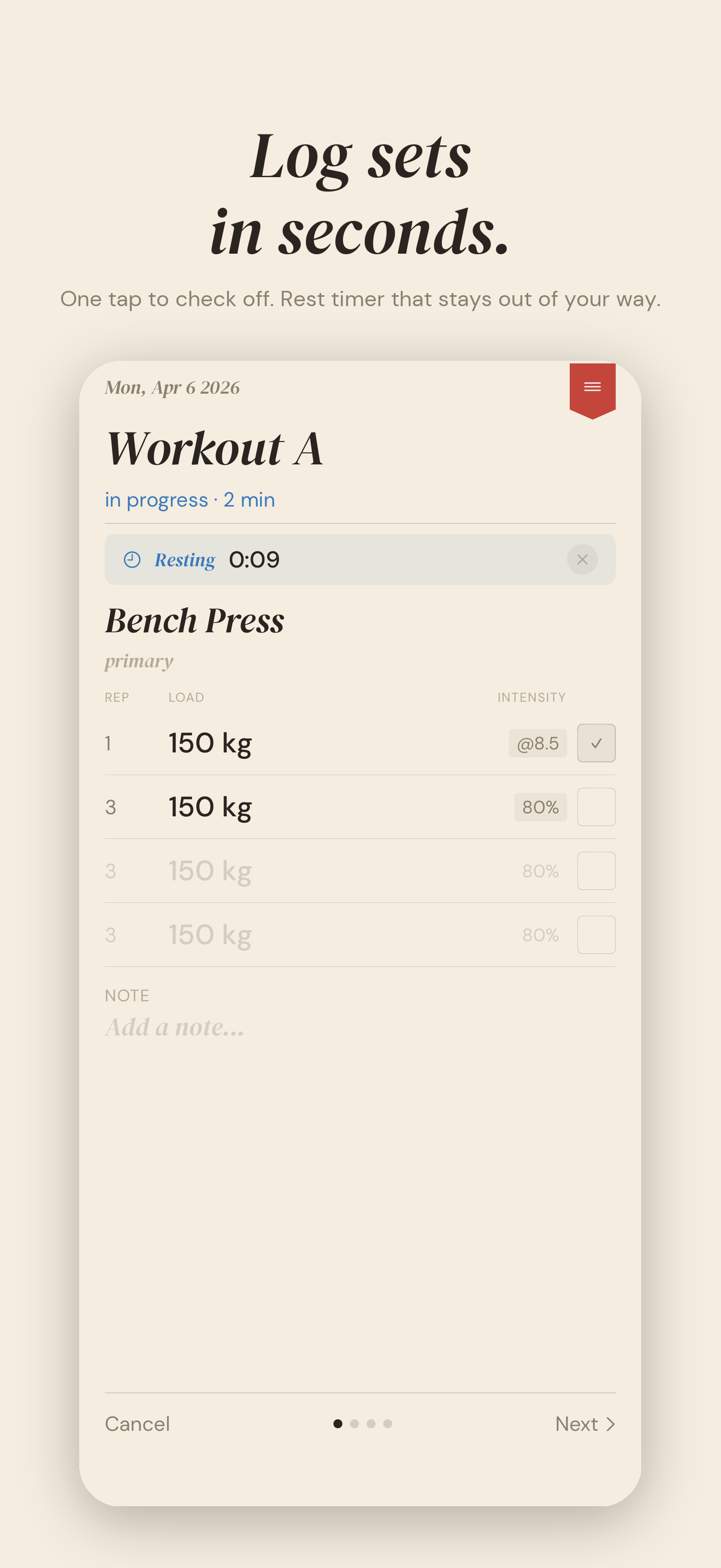Logbook session view — one tap to log a set