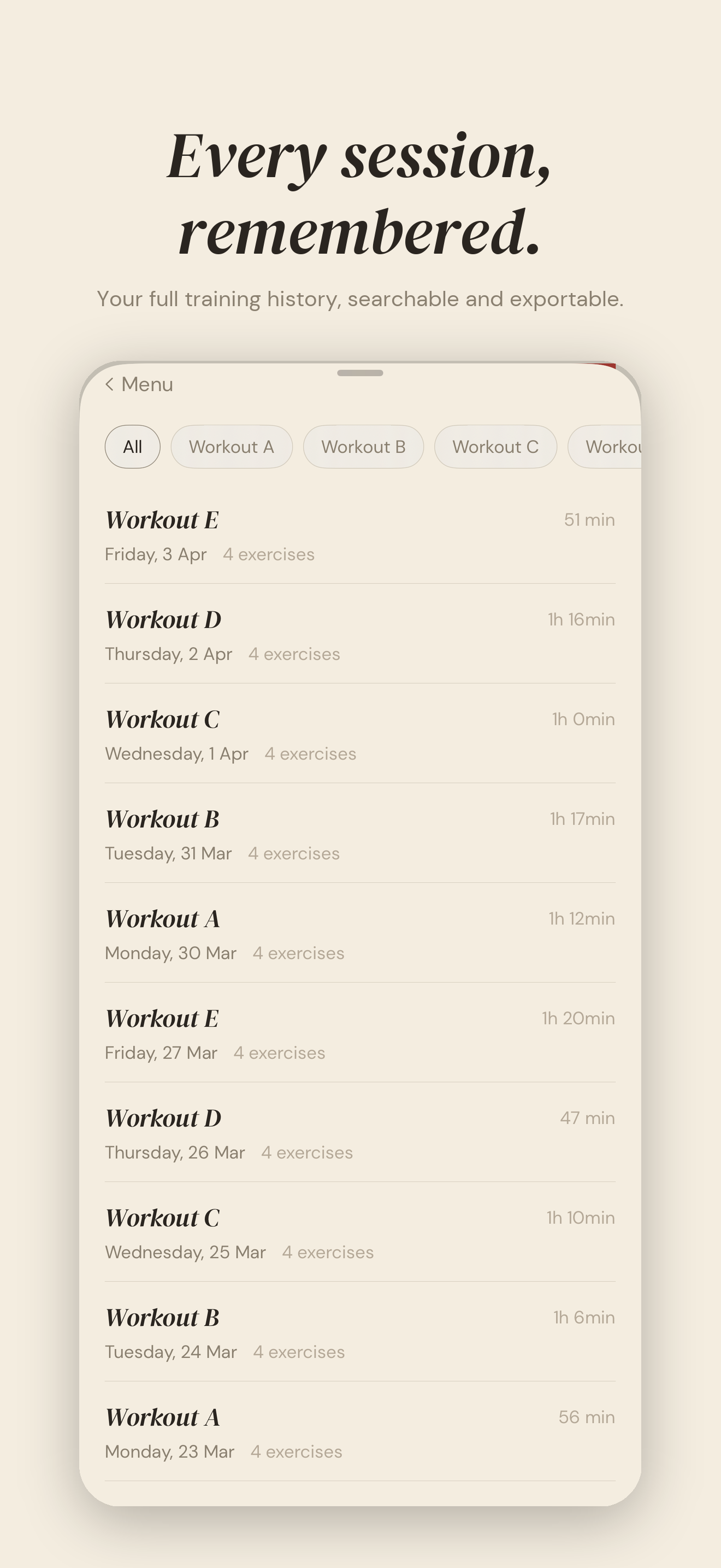 Logbook history view — searchable training log